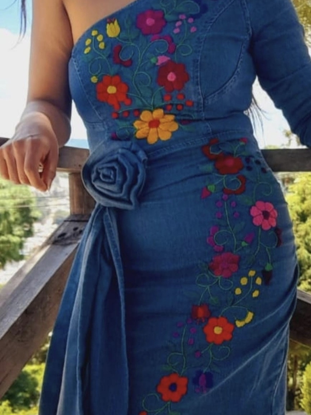 MEXICANA Blue One-Shoulder Denim Dress with Multicolor Floral Embroidery
